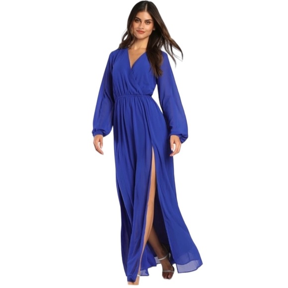 Lulus Dresses & Skirts - Lulu's Wondrous Water Lilies Royal Blue Maxi‎ Dress Sheer Long Sleeves Size XL